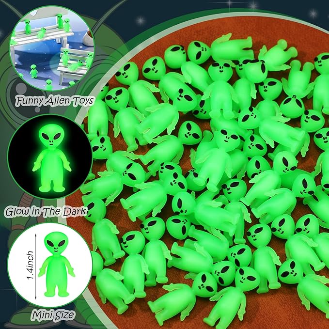 150 Pcs Mini Alien Figures Glow in The Dark Small Little Tiny Aliens Figurine to Hide and Seek for Space Party Favors Prank Rubber Toys Bulk Gifts for Halloween Party Goodie Bag Fillers