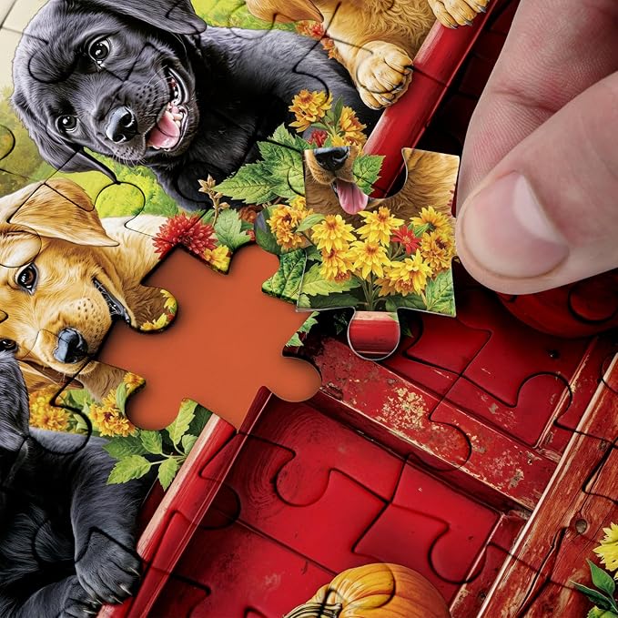 Dog Truck Flower Puzzle 1000 Pieces for Adults, Farm Fall Autumn Sunflower Jigsaw Puzzle, Animal Country Vintage Funny Puzzles