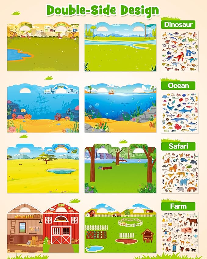 D-FantiX 3D Puffy Stickers for Kids Ages 4-8, Reusable Sticker Books for Toddlers 2-4 Years, Farm Dinosaur Ocean Safari, Car Road Trip Activities, Airplane Travel Toys, Birthday Gifts for Boys Girls