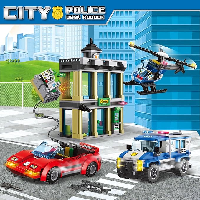 City Police Bank Building Sets, Compatible with Lego Police Bank, Includes Car, Bank, Helicopter, Police Chase Building Blocks Toy Set Gift for Kids 6 Plus Years Old（655 PCS）