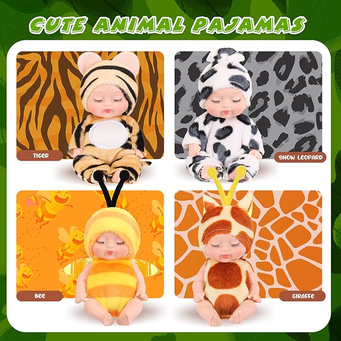 Hanaive 4 Pcs 4 Inch Mini Baby Dolls Lifelike Realistic Baby Dolls Animal Clothes Cute Tiny Gifts for Kids Birthday Party(Print Style)