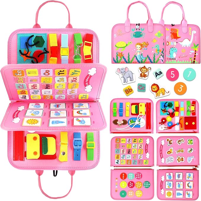 Qizfun Busy Board Montessori Toy for Toddlers, Educational Sensory Learning Toy for Fine Motor Skills, Preschool Travel Toy for Airplane & Car, Gifts for Boys and Girls (Pink/P4)