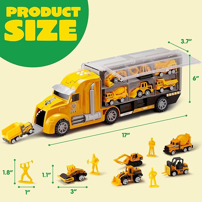 JOYIN 25 in 1 Kids Construction Truck Toy Set, 24Pcs Push and Go Cars and Worker Figures, Toddler Play Vehicles with Sounds and Light, Christmas Birthday Gifts Toys for 3 4 5 6 7 Years Old Grandkids