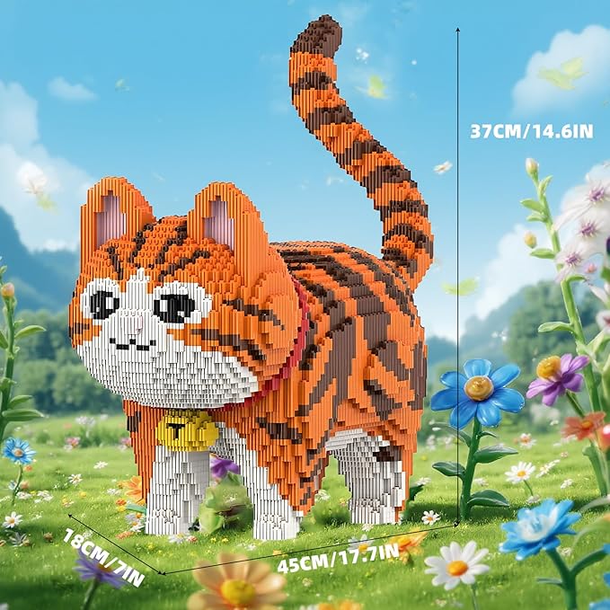 Animal Orange Striped Bell Cat Micro Mini Building Blocks Sets Large Cute Cat Building Kits Model Toys Gift for Adults Kids Teens 6665 PCS