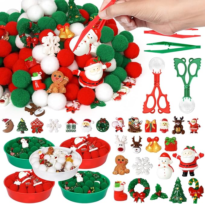 170 Pcs Christmas Sensory Bin Items Christmas Miniature Figurines Counting Sorting Sensory Bin Filler Xmas Resin Fine Motor Red Green Counts for Xmas Counting Decor