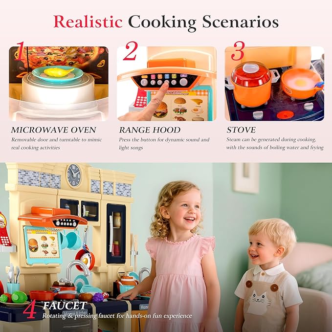 【2025 Upgraded】 Kitchen for Kids Interactive Play Kitchen for Kids Toddlers-Lightweight Easy-Install Pretend Kitchen with Tablet Ordering, Music, Lights Sounds, Steam Stove, Sink & Dishwasher(Blue)
