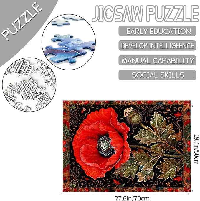 Red Poppy Flower Jigsaw Puzzle 1000 Pieces Puzzles for Adults,Celtic Background Jigsaw Puzzles for Challenging Family Activity Games DIY Craft Colorful Puzzle for Home Decor Gifts 27" x 20"
