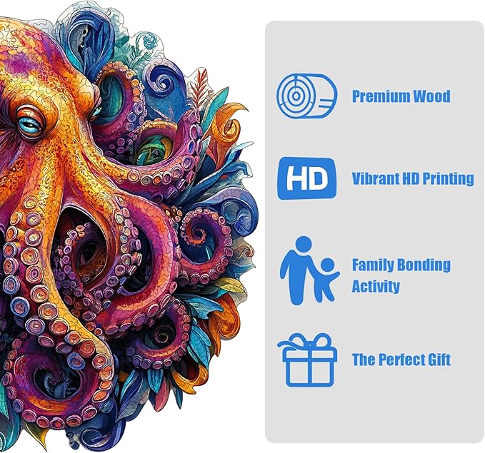 Wooden Jigsaw Puzzle 500 Pieces for Adults - Vibrant Colorful Octopus Art Puzzle, Challenging Family Leisure Game, Unique Home Decor & Gift Idea