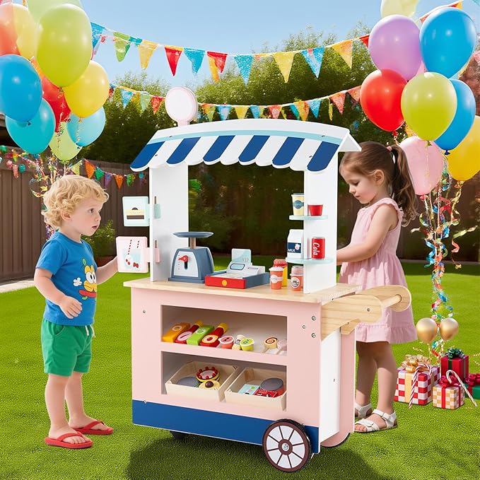 HONEY JOY Kids Food Cart, 30-Piece Toddler Pretend Play Grocery Store Playset w/Cash Register & Scale, Wooden Dessert Shop Play Market, Children Beverage Stand Cart w/Wheels, Gift for Boys Girls