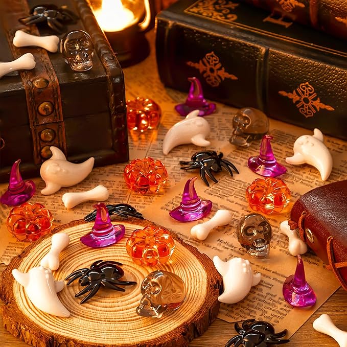 220 Pcs Halloween Vase Filler, Mini Acrylic Pumpkin Ghost Skull Spider Witch Hats Gems for Centerpieces Table Decorations, Halloween Sensory Bin Filler Decor for DIY Crafts