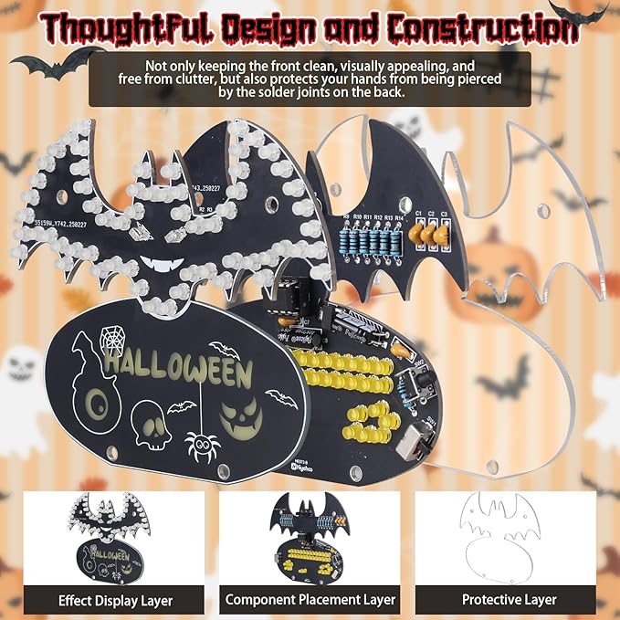 Halloween Bat Soldering Project, ICSTATION Bat Soldering Practice Kit With 5 Lighting Modes Glow Halloween Elements DIY Electronic Kits for School Education Halloween Present Desktop Decorations
