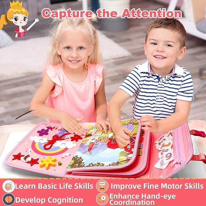 Montessori Busy Book for Toddlers 1 3, 19 in 1 Educational Learning Toys for Toddlers 2 4，Sensory Fine Motor Skills Activity Board for Girls Birthday Gifts,Busy Book Travel Toys