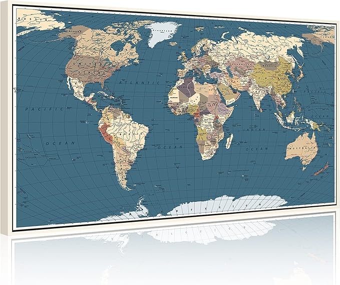 WELMECO Large Office Wall Decoration Detailed World Map Canvas Prints with Premium White frame Push Pins Travel Map of The World Picture Artwork for Modern Home Office Living Room Decor