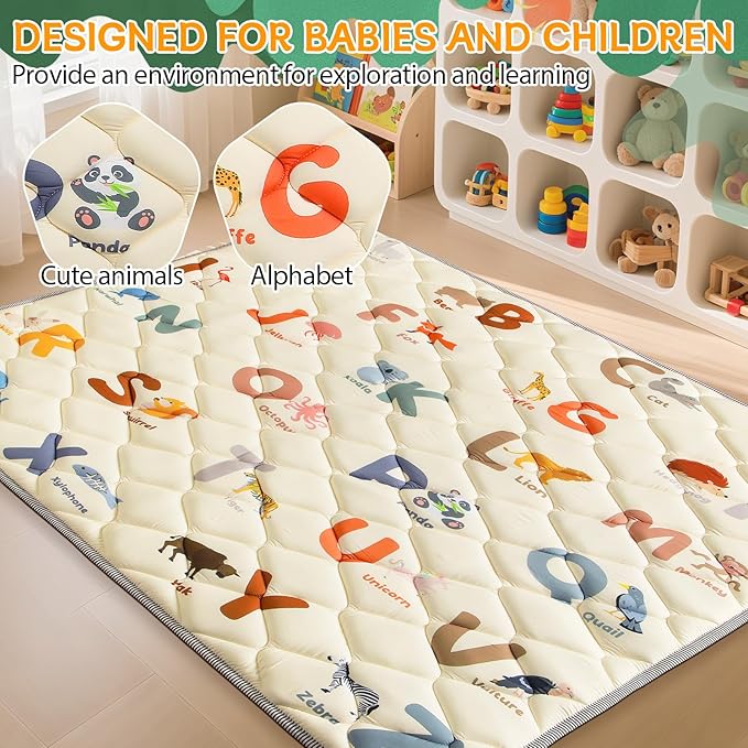 Baby Play Mats for Floor - 65”x50” Playmat for Babies - Foldable Soft Foam Mat for Toddlers - Machine Washable & Non-Slip Thick Play Mat for Picnic Portable - Animals Alphabet Design