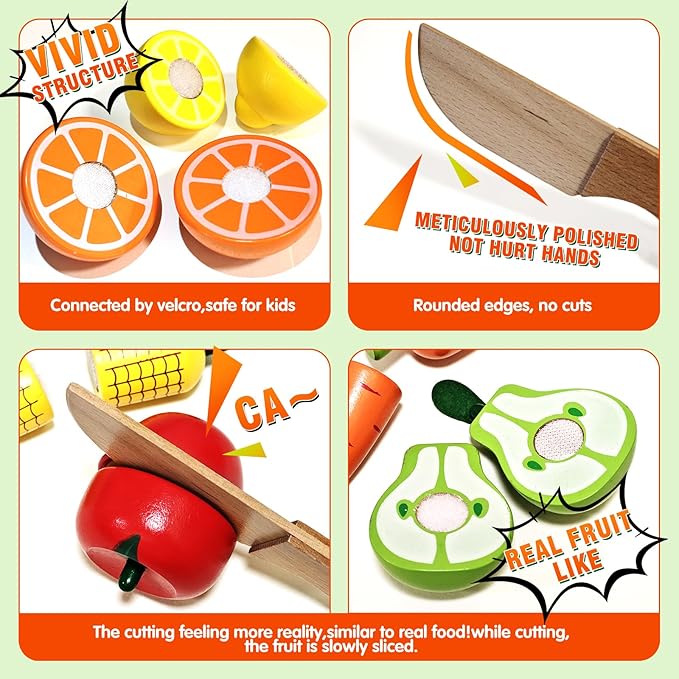Wooden Play Food for Toddlers, Velcro Fruit and Veggies Cutting Set for Kids, Montessori Learning Toys Food, Pretend Food Play Kitchen Accessories for 3 4 5 6 Years Old Boys & Girls Gift