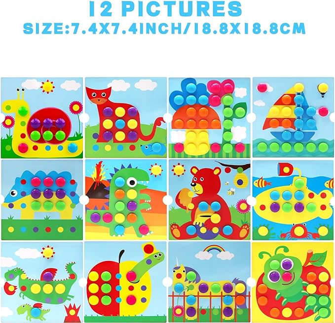 Button Art Toys for Toddlers 3-5 Years Old,Educational Color Matching Mosaic Pegboard & Fine Motor Skills Game,Early Preschool Learning Crafts Activity for Boys & Girls,Gifts for Kids Ages 3+