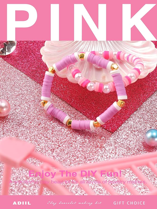 ADIIL 7200pcs Clay Beads Bracelet Making Kit, 6mm Polymer Heishi Beads for Jewelry Making, Friendship Bracelet Kit Birthday Gift for Adults Hot Pink