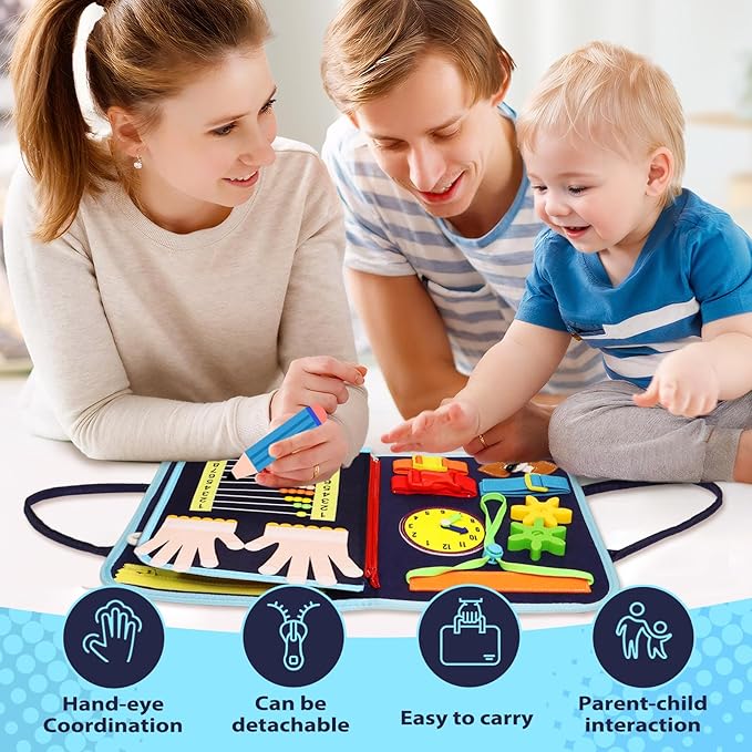 MAJAVI Toddler Busy Board Montessori Educational Learning Sensory Toys for 1 2 3 4 Year Old, Felt Busy Book Christmas Birthday Gifts for Toddlers Travel Toys for Airplane Car, Black