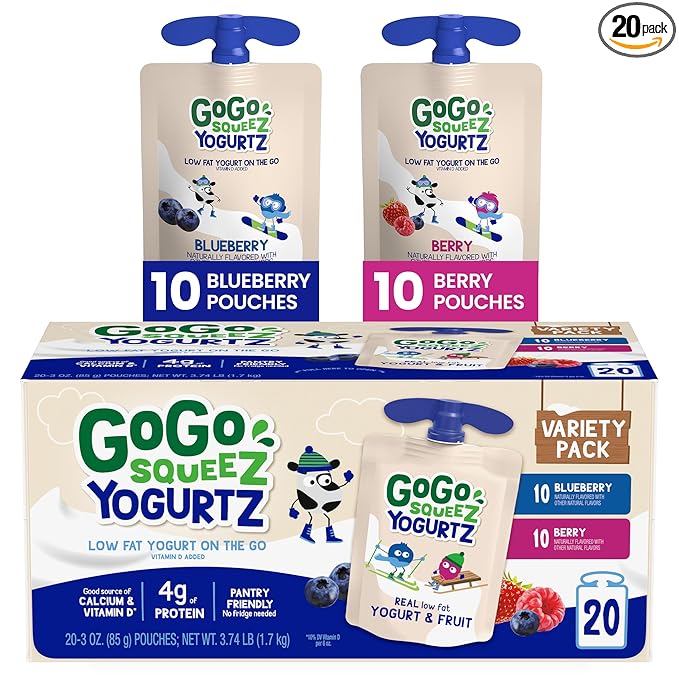 GoGo squeeZ yogurtZ Variety Pack, Blueberry & Berry, 3 oz (Pack of 20), Kids Snacks Made from Real Yogurt and Fruit, No Fridge Needed, Gluten Free, Nut Free, Recloseable Cap, BPA Free Pouches