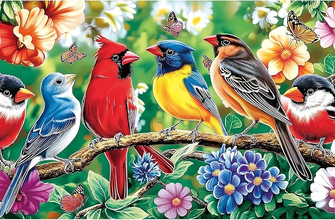 500 Piece Bird Jigsaw Puzzle for Adults - 23x15 Inch Vibrant Cardinal & Blue Bird with Flowers & Butterflies, Unique Art Puzzle for Home Decor & Gift