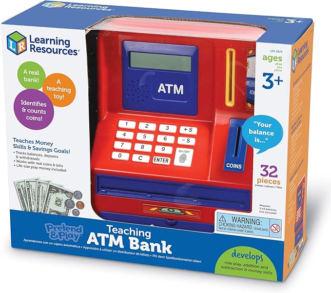Learning Resources Teaching ATM Bank - 32 Pieces, Ages 3+ Toddler Learning Toys, Cash Register for Kids, Play Money for Kids