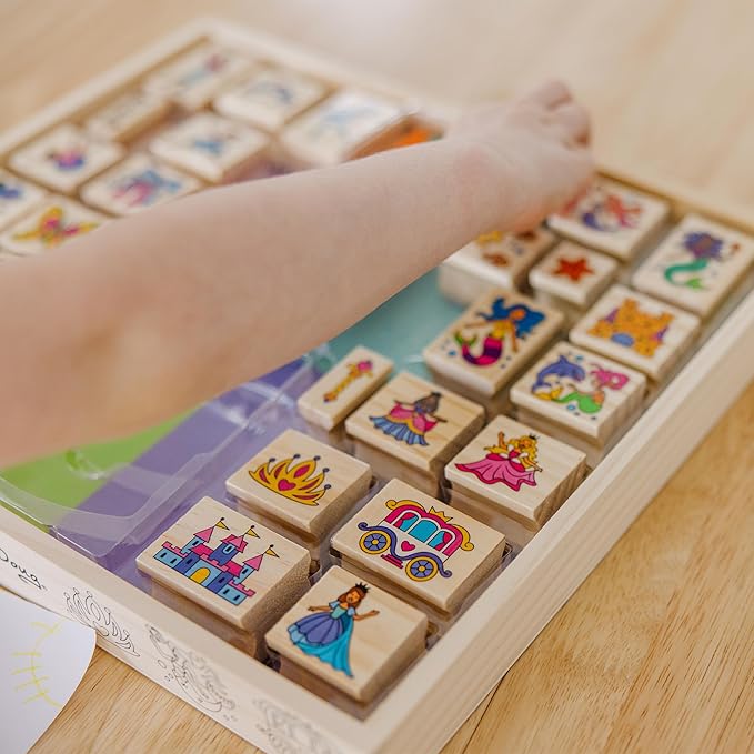 Melissa & Doug Deluxe Wooden Stamp and Coloring Set – Fairy Tale (30 Stamps, 6 Markers, 2 Durable 2-Color Stamp Pads) Fairy Tale-Themed Wooden Stamps for Kids and Coloring Activity Set