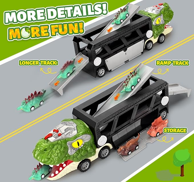 Dinosaur Toys for Kids 3-5, 5-7, Dinosaur Transport Carrier Truck with 10 Mini Car, Dinosaur T-Rex Cars Track Set for Toddlers 3-4 with Spray & Light & Sound, Birthday Gifts for 3 4 5 6 Year Old Boy