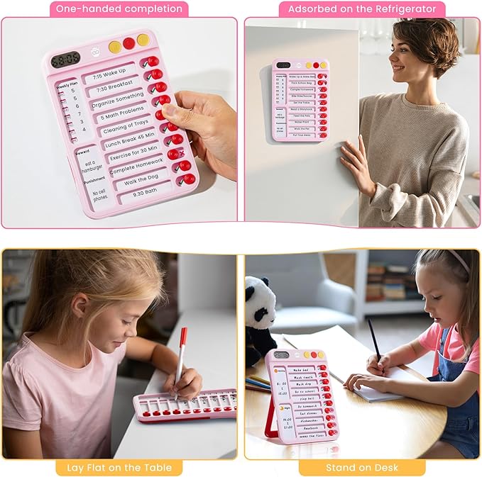 Magnetic Chore Chart for Kids with Time Timer, 99-Min Countdown/Up Visual Timer, Dry-Erase Reward Chart with Sliders, to Do List & Routine Checklist, Visual Schedule Board for ADHD & Autism (Pink)