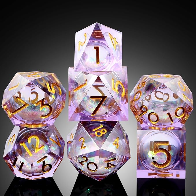 Lilac Liquid Core DND Sharp Dice,DNDND 7PCS Glitter Sparkle Sharp Edge D&D Dice with Gift Case for Dungeons and Dragon Game (Lilac)
