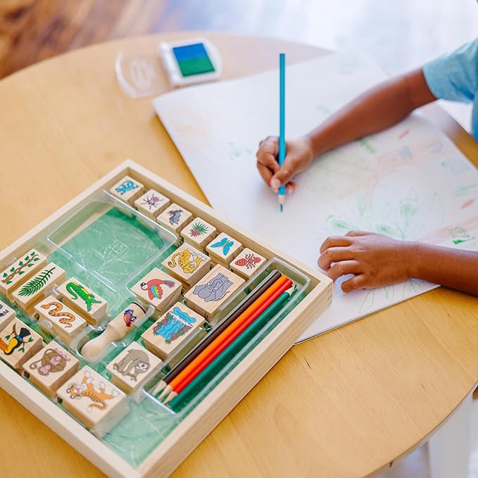 Melissa & Doug Stamp-a-Scene Stamp Set: Rain Forest - 20 Wooden Stamps, 5 Colored Pencils, and 2-Color Stamp Pad