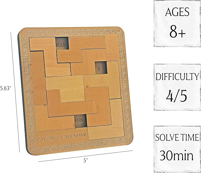 Project Genius Caesar's Calendar Wood Puzzle-A-Day Challenge, 365+ Solutions, Brainteaser Gift for Adults and Kids 8+, True Genius Office Desk Calendar Inspired by Roman Artifact
