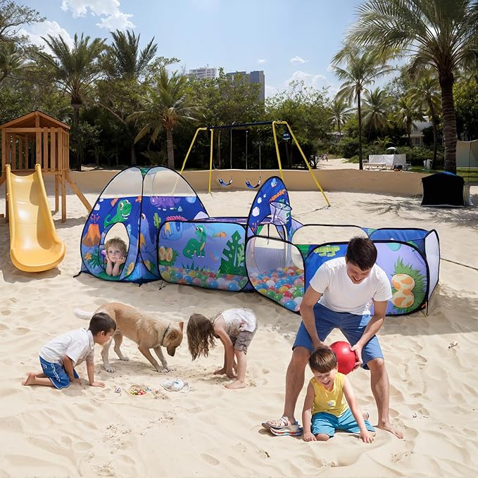 TTLOJ 3PC Dinosaur Kids Play Tent with Ball Pit, Crawl Tunnel, Toddlers Playhouse Castle Toys, Baby Boys Girls Gift for 3 4 5 6 7 Years Old, Outdoor Indoor, Lightweight (Balls Not Included)