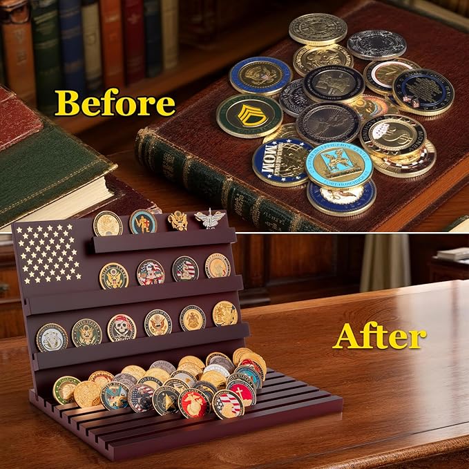 Challenge Coin Display Stand - 11 Rows Military Coins Holder Rack, Wooden Coin Collection Case for Table Top Display
