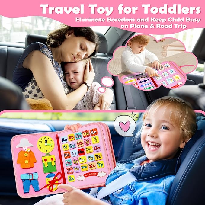 MAJAVI Busy Board Montessori Toys for 1 2 3 4 Year Old, Busy Book Sensory Toy for Toddlers Learning Fine Motor Skills, Educational Activities Airplane Car Travel Toy for Baby Boys Girls, Pink