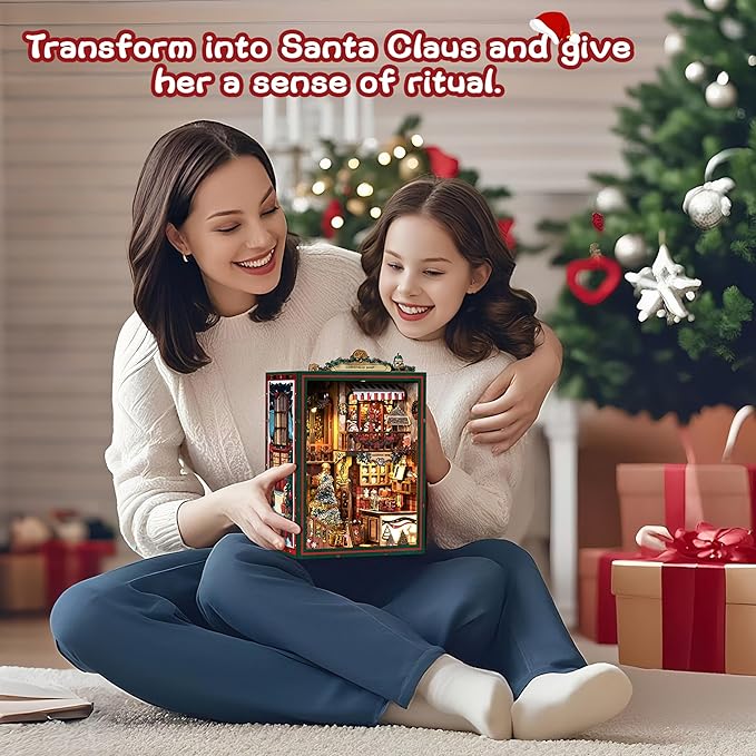 ISSEVE Book Nook Kit - DIY Miniature House Kit for Adults Teens Beginners, Christmas Dollhouse Booknook with Music Mechanism Tiny House Bookshelf Decoration 3D Wooden Puzzles (Christmas Shop)