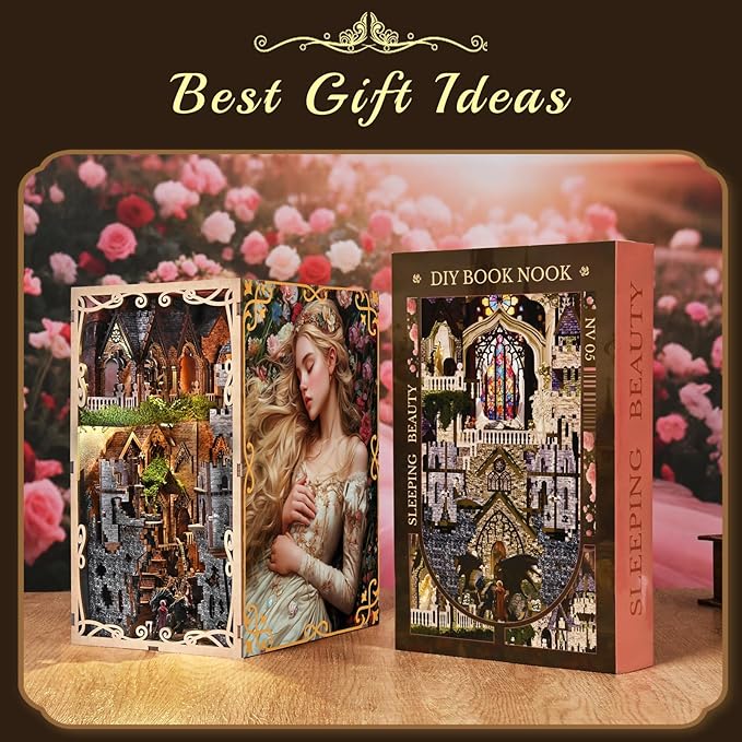 Book Nook Kit - DIY Doll House Booknook, Book Nook Miniature Kit for Bookshelf Doll Houses for Adults Teen Halloween, 3D Wooden Puzzle Bookends with Led Light and Dust Cover (Sleeping Beauty)