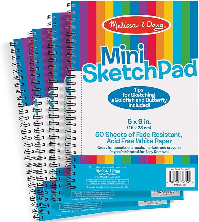 Melissa & Doug Mini-Sketch Spiral-Bound Pad (6 x 9 inches) - 4-Pack Sketch Book for Kids, Kids Drawing Paper, Drawing and Coloring Pads