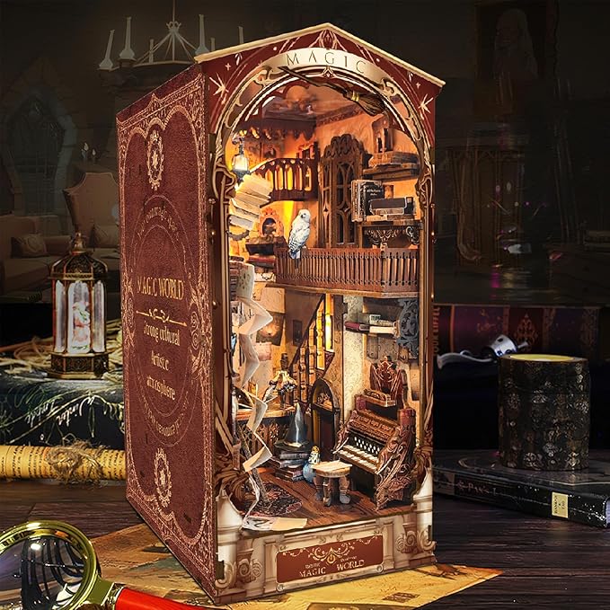Book Nook Kit, DIY Dollhouse Booknook Bookshelf Insert Decor Alley, DIY Book Nook Miniature Kit with Lights, 3D Wooden Puzzle Decorative Bookend Miniature Model Kits for Adults