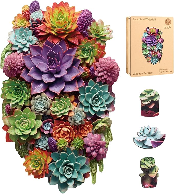 delobil Puzzles for Adults with Puzzle Saver - Succulent Wooden Puzzle Unique Liberty Adult Jigsaw Puzzles Brain Teaser Family Game Gift 200 Pieces 12.6" X 7.8"