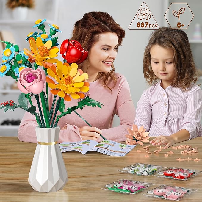 Flowers Bouquet Building Set, 887 Pcs with Flower Artificial Roses for Home Office Decoration, Gift for Mother's Day, Valentine's Day and Kids 6+/Adults Birthday