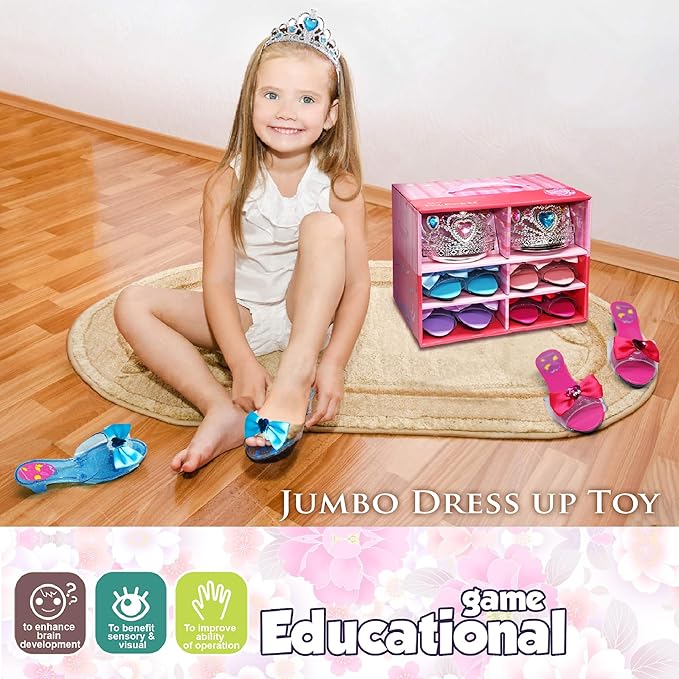 Princess Dress Up Girls Shoes - Toddler Heels Play Shoes & Pretend Jewelry Accessories Sets,Toys for Girls with Kids Crown, Wand, Necklace, Ring, Bracelet, Earring for Little Girls Aged 3 - 6 Birthday