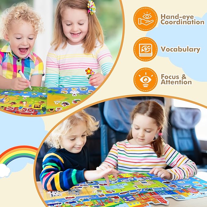 Reusable Jelly Sticker Book for Kids, 2 Sets Waterproof Sticker Books Travel Toy, Toddler Craft Activities Age 3-5-Farm Animals, Vehicles