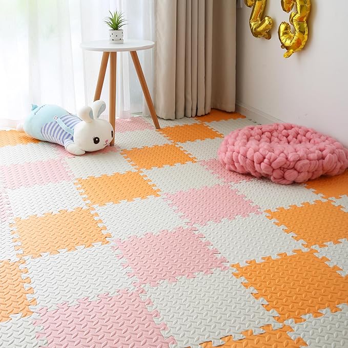 Foam Play Mat for Baby, 0.4 Inch Thick Foam Interlocking Floor Mats, Soft Non-Toxic Baby Playmat, Solid Colored Puzzle Play Mat Kids Floor Mats, 16 Tiles, White/Orange/Loli Pink