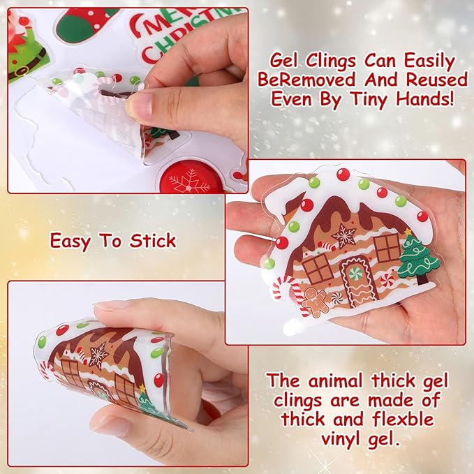 MARFOREVER 25 Pcs Christmas Window Gel Clings, Xmas Santa Claus Snowman Gingerbread Man Snowflake Penguin Thick Window Clings Decals for Classroom Nursery Home Christmas Holiday Party Decorations