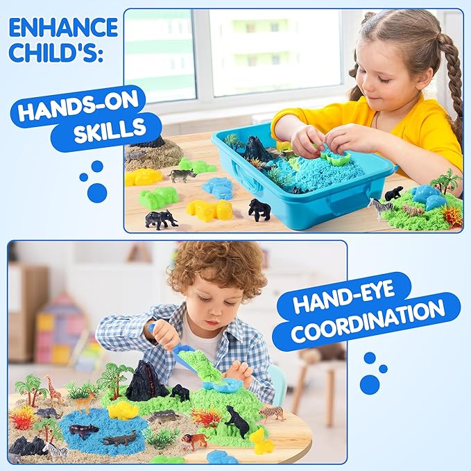Billeeit Animal Sensory Bin Sand Toy, Play Sand Kit w/lid and 2.2lbs Magic Sand, Molds, Tools, Map Set 35pcs Total, Fun Gift for Kids 3+