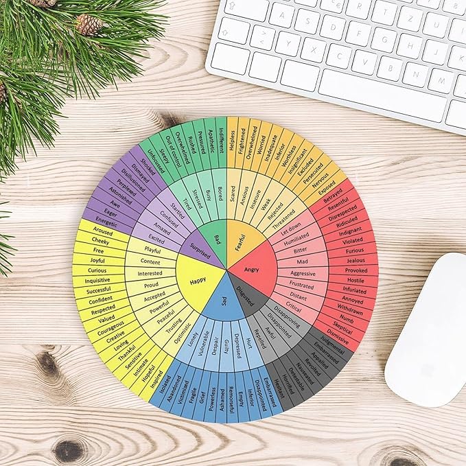 Wheel of Emotions Feelings Chart Therapy Round Mouse Pad Non-Slip Rubber Base Mental Health Computer Gaming Mousepad for School Classroom Counseling Office Home 7.8x7.8 Inches