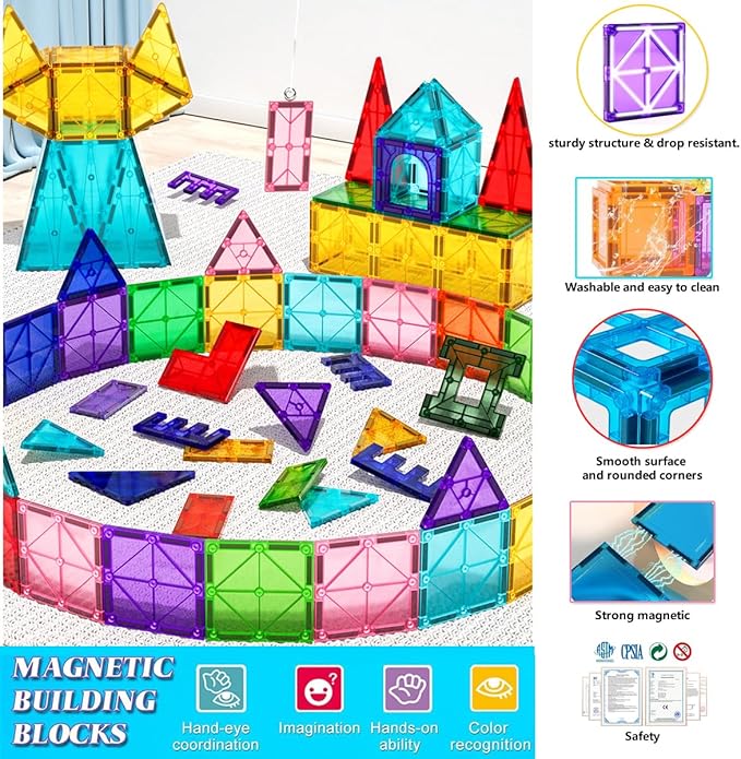 Large Magnetic Tiles Set 4 Piece Square Shape Building Blocks for STEM Learning & Fun Kit for Kids, Educational Playset for Boys & Girls 3+, Construction Toy Magnetic Tiles Square Only, Expansion Set