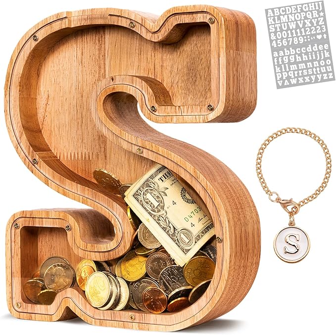 KMC Wooden Letter Piggy Bank, Personalized Initial Piggy Bank for Kids Boys, Clear Alphabet S Wood Money Box, Unbreakable Coin Saving Jar, Birthday, for Children