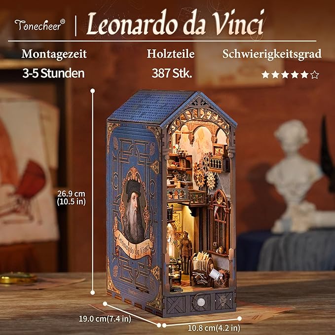 Tonecheer DIY Book Nook Kit for Adults, 3D Puzzle Wooden Miniature House Kit, Booknook Dollhouse Bookshelf Insert Decor Bookend with Dust Cover and LED Lights Gifts (Leonardo da Vinci)