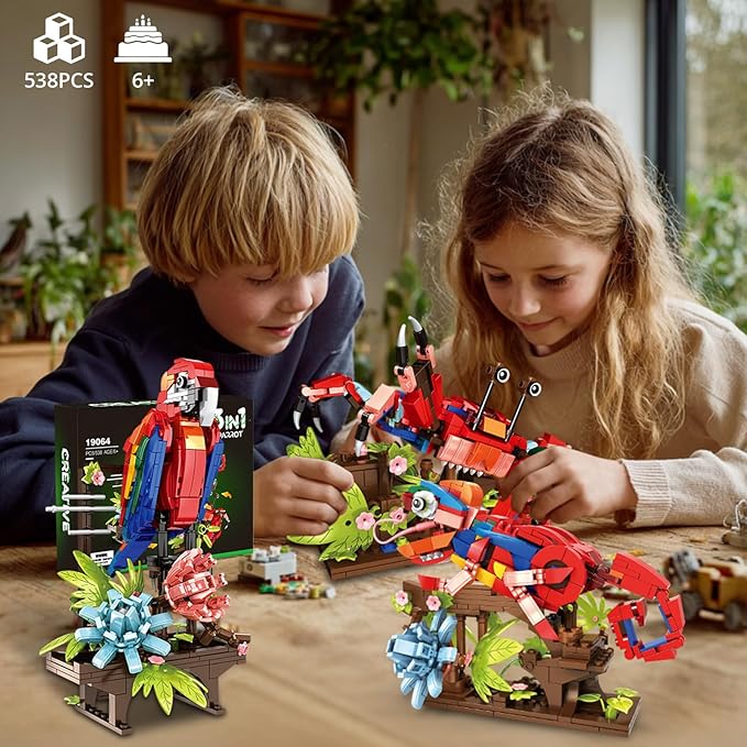 3 in 1 Parrot Building Block Set, Creative Animal Flower Construction Toy for Kids, Transform into Parrot, Chameleon & Crab Figures – Ideal for Home Decor & Creative Gifts